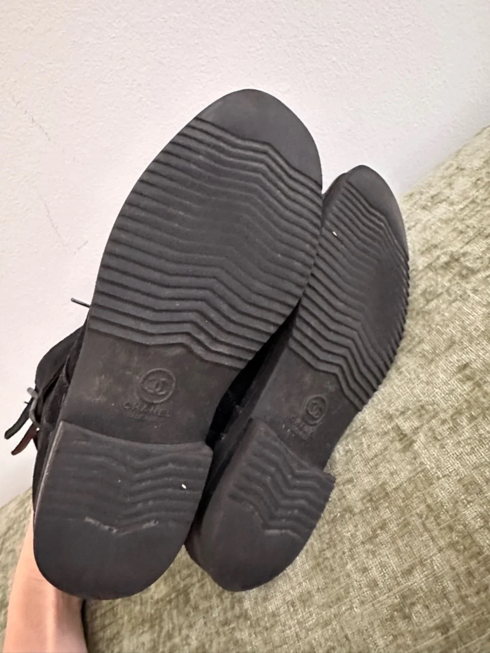 CHANEL Quilted Black Suede Lace Up Combat Flat Moto Short Boots Shoes size 37.5